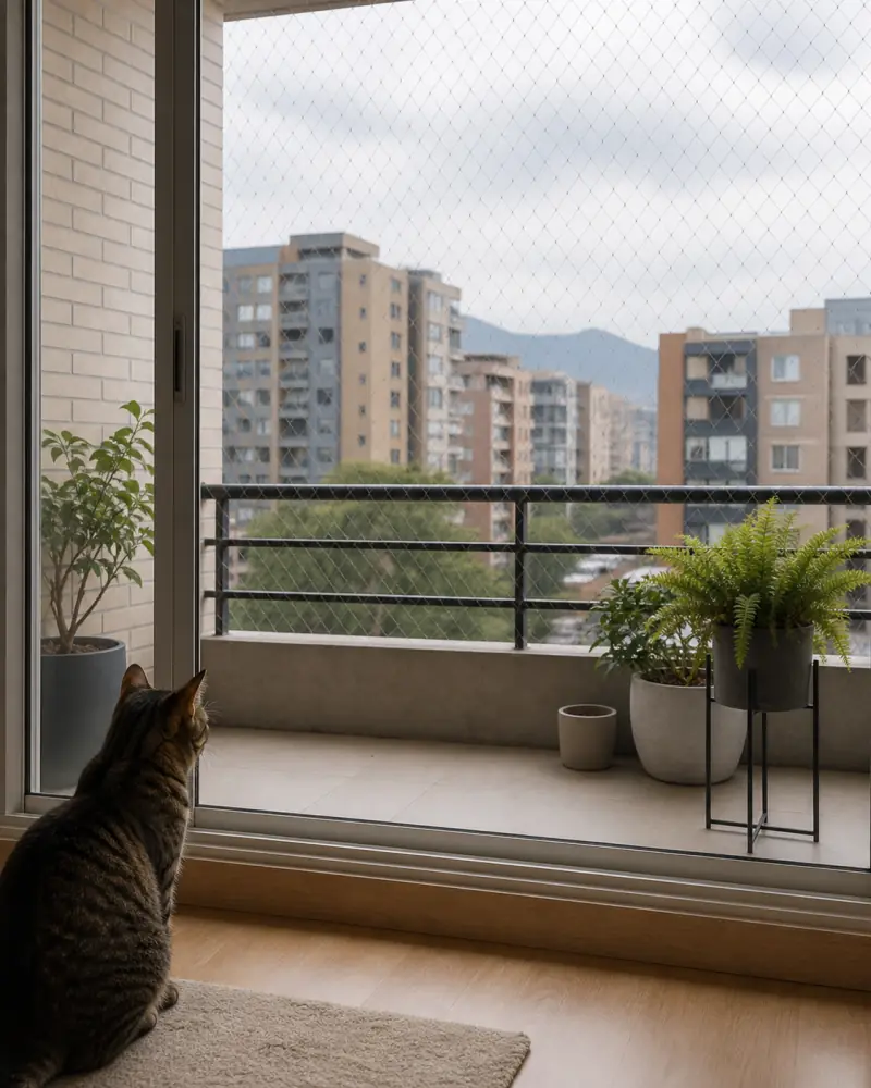 Balcón visto desde el interior de un apartamento con una malla de seguridad discreta