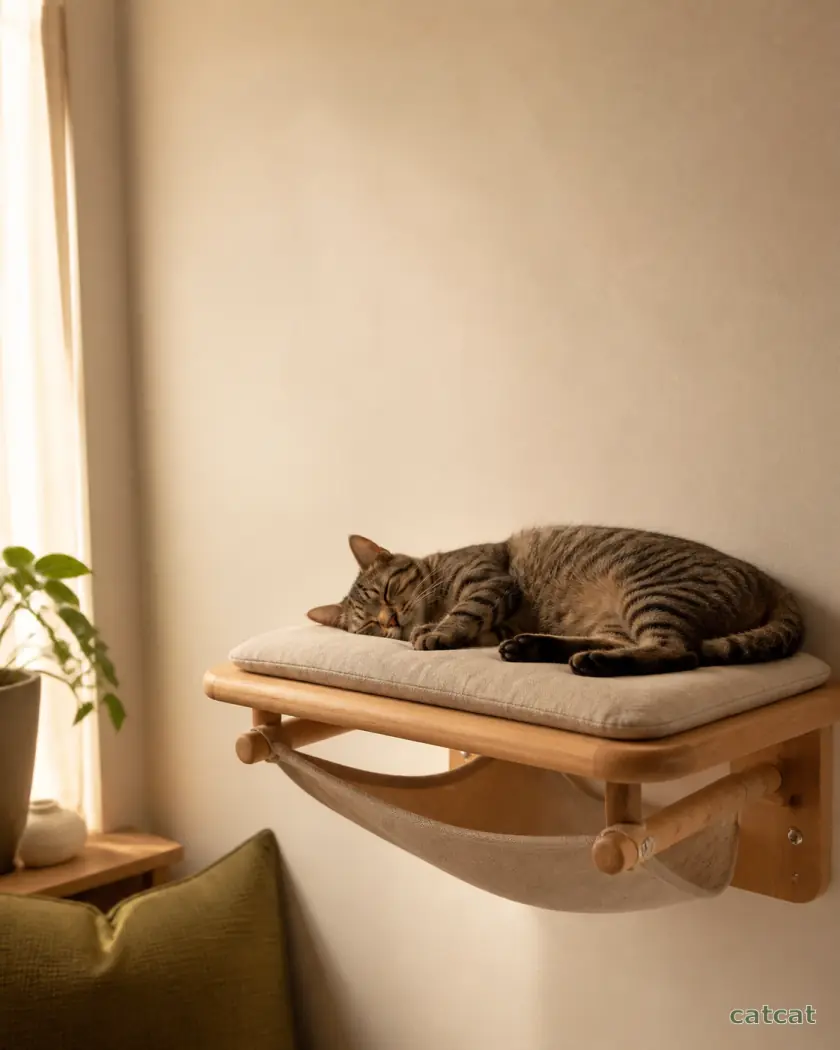 Cama conceptual de gato en madera con textil neutro, montada en pared