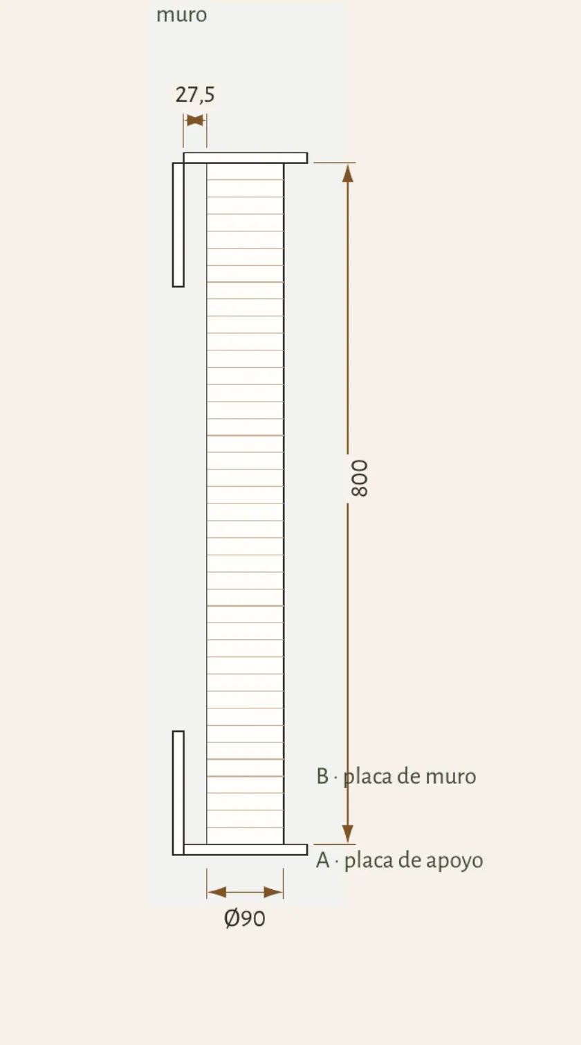 Dibujo isométrico de Columna Rascadora Ø9 × 80 montada en el muro, tomado de su plano de fabricación