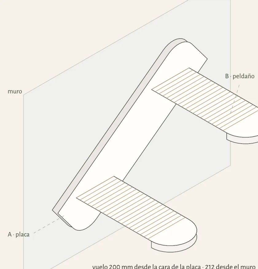 Dibujo isométrico de Escalera de pared montada en el muro, tomado de su plano de fabricación