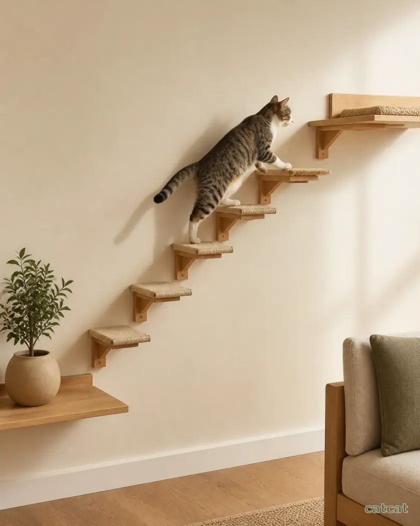 Escalera conceptual de peldaños de madera montada en pared para gatos