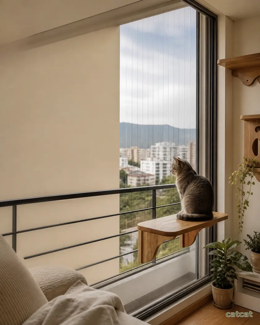 Balcón conceptual con malla de seguridad discreta que conserva la vista