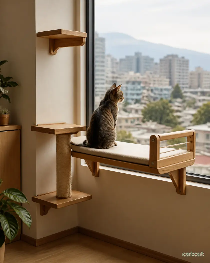 Mirador conceptual junto a una ventana, con estructura de madera y luz natural
