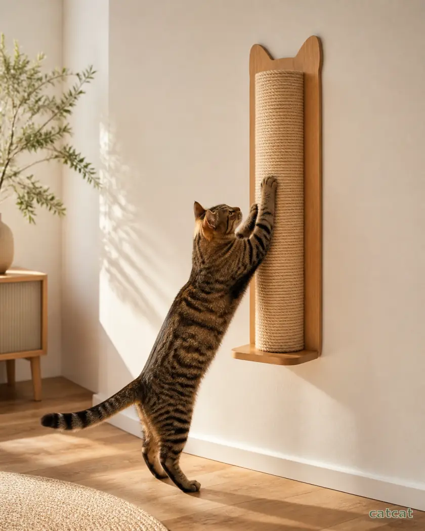 Rascador vertical conceptual con columna de sisal y soporte de madera