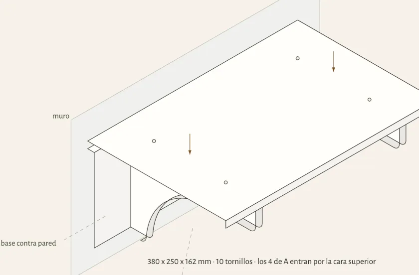 Dibujo isométrico de Repisa 38 × 25 montada en el muro, tomado de su plano de fabricación