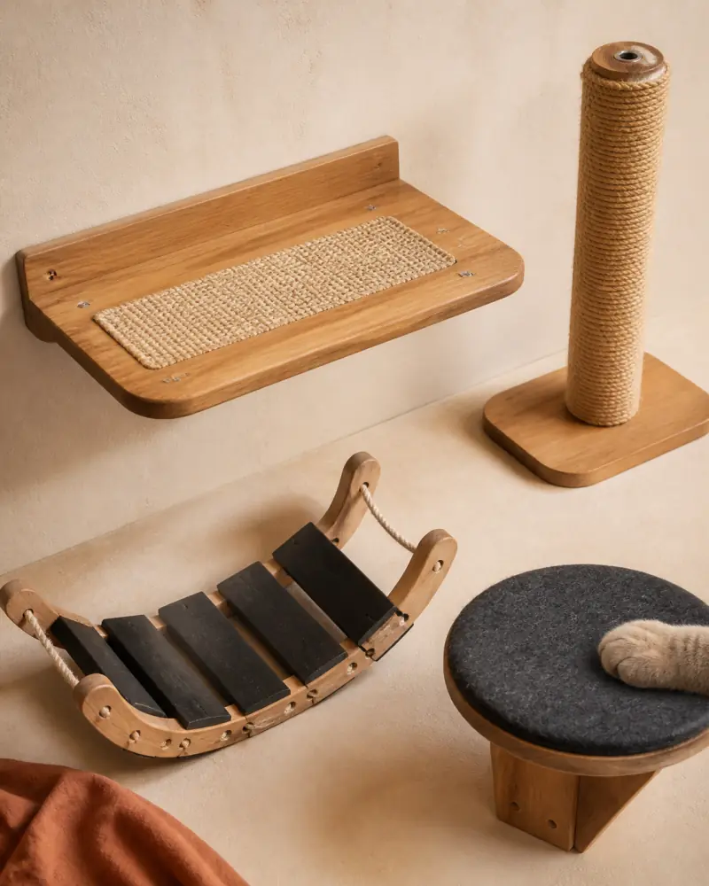 Detalle conceptual de una repisa, un rascador de sisal y un puente de madera para gatos