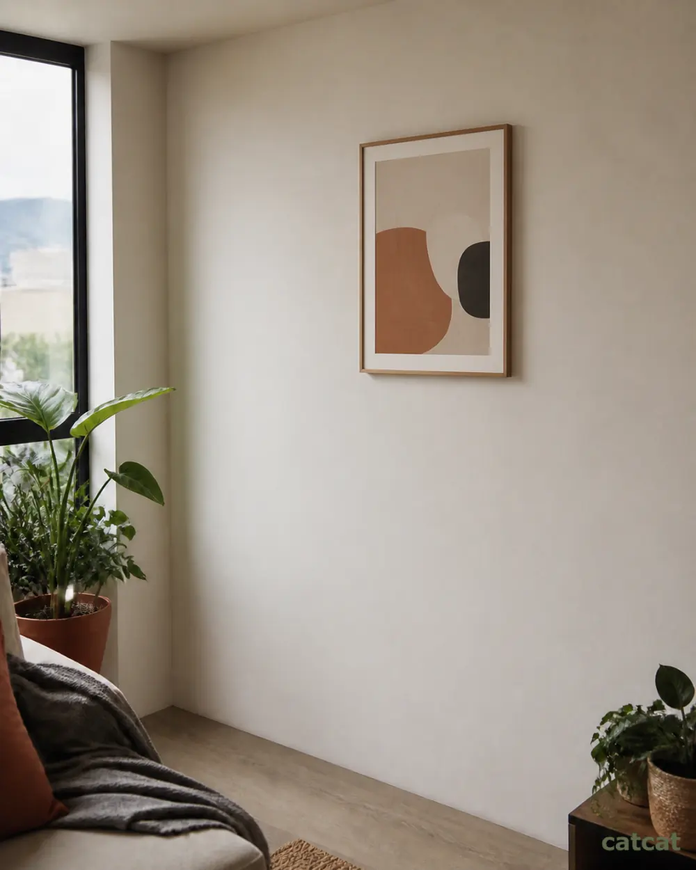 Pared clara de una sala con un cuadro, antes de instalar un gimnasio vertical para gatos