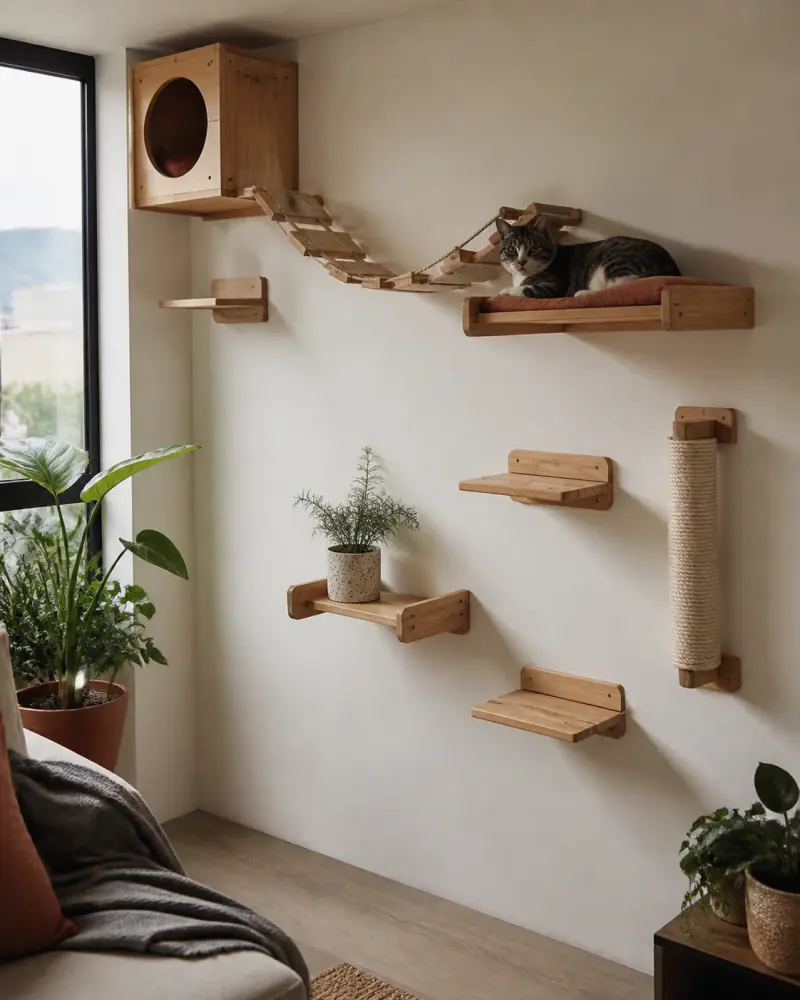 Vista amplia de una sala con el recorrido de pared junto a la ventana y un gato descansando en una de las repisas