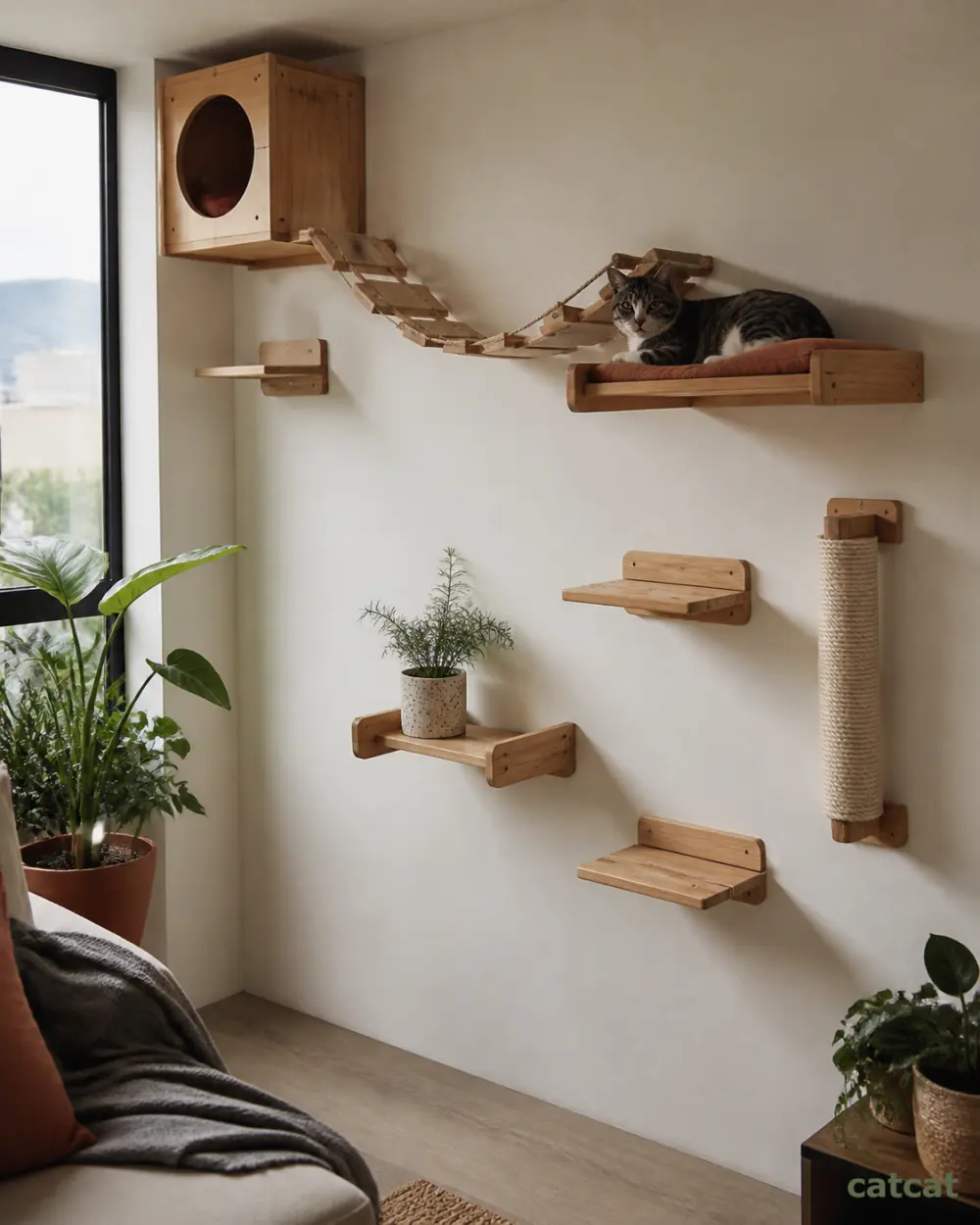 La misma pared con un recorrido de repisas, rascador y mirador en pino natural, con un gato descansando en la parte alta