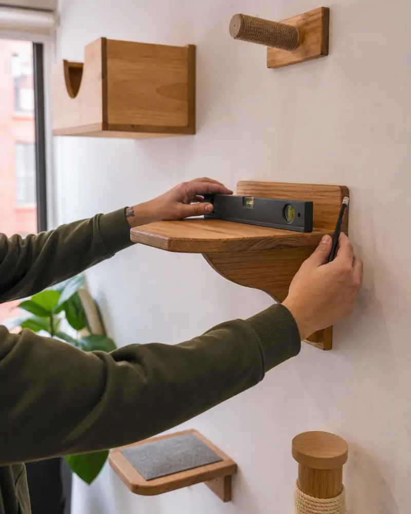 Instalación conceptual de una repisa para gatos en la pared de una vivienda